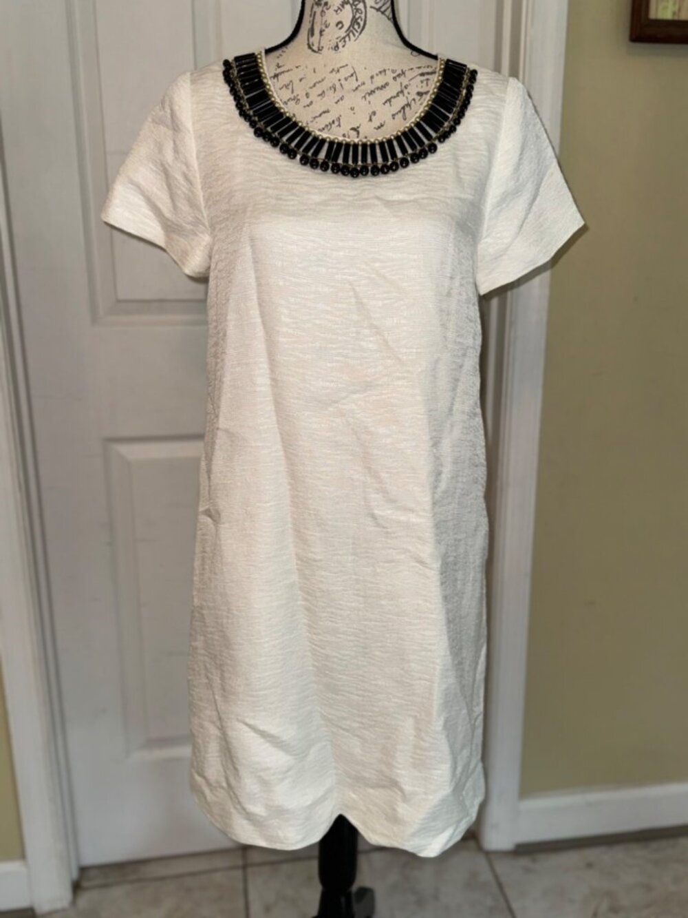 Kate Spade Gail Sheath Dress Cream Linen Blend Embellished Beads Pockets Lined 6